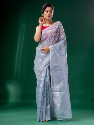 Steel Cotton Silk handwoven soft Jamdani saree 2