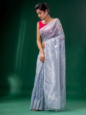 Steel Cotton Silk handwoven soft Jamdani saree 3