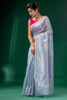 Steel Cotton Silk handwoven soft Jamdani saree