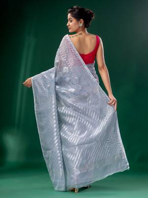 Steel Cotton Silk handwoven soft Jamdani saree 4