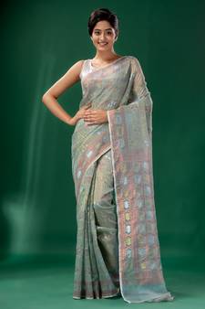 Steel Cotton Silk Handwoven Soft Jamdani Saree Without Blouse