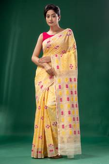 Pale Yellow Cotton Silk Handwoven Soft Jamdani Saree Without Blouse