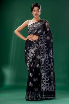 Black Cotton Silk Handwoven Soft Jamdani Saree Without Blouse