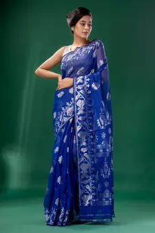 Royal Blue Cotton Silk handwoven soft Jamdani saree