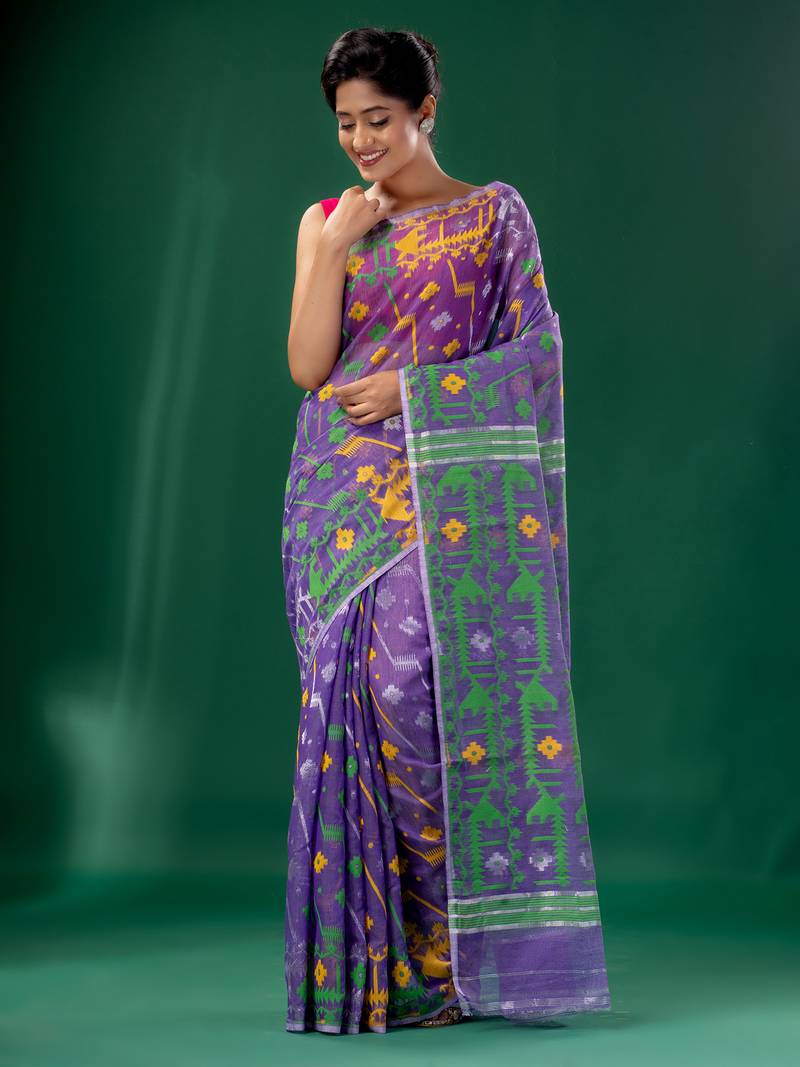Purple Cotton Silk handwoven soft Jamdani saree