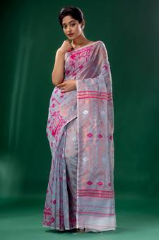 Steel Grey Cotton Silk handwoven soft Jamdani saree