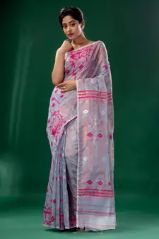 Steel Grey Cotton Silk handwoven soft Jamdani saree