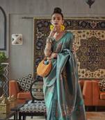 KORAMS DESIGN Faux KANJIVARAM SILK TEAL COPPER ZARI WEAVING CLASSIC SAREE WITH BLOUSE 