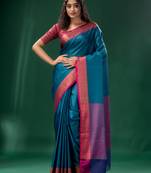 Blue Organza handwoven soft saree with texture design