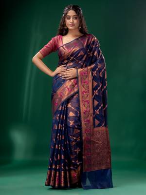 Navy Blue Cotton Silk saree with woven design 1