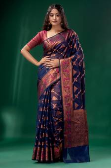 Navy Blue Cotton Silk saree with woven design