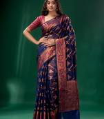 Navy Blue Cotton Silk saree with woven design