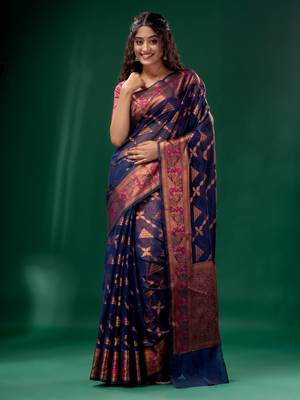 Navy Blue Cotton Silk saree with woven design 2