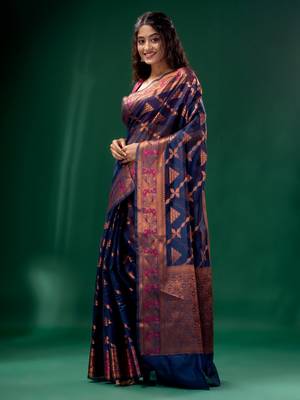 Navy Blue Cotton Silk saree with woven design 3