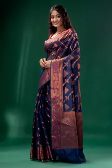 Navy Blue Cotton Silk saree with woven design