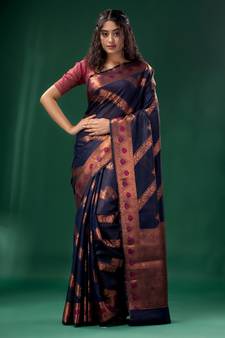 Navy Blue Cotton Silk saree with woven design