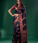 Navy Blue Cotton Silk saree with woven design