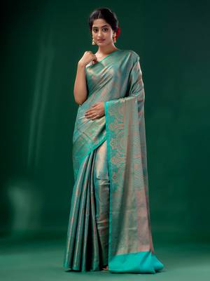 Teal Blue Blended Silk Brocade handwoven soft saree 1
