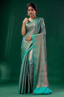 Teal Blue Blended Silk Brocade handwoven soft saree