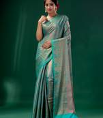 Teal Blue Blended Silk Brocade handwoven soft saree