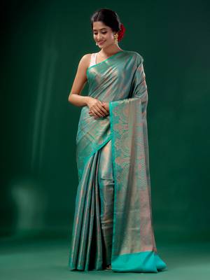 Teal Blue Blended Silk Brocade handwoven soft saree 2