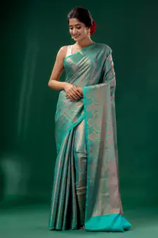 Teal Blue Blended Silk Brocade handwoven soft saree