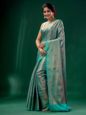 Teal Blue Blended Silk Brocade handwoven soft saree 3