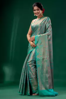 Teal Blue Blended Silk Brocade handwoven soft saree