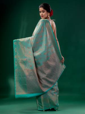 Teal Blue Blended Silk Brocade handwoven soft saree 4