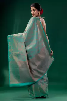 Teal Blue Blended Silk Brocade handwoven soft saree