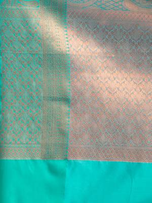 Teal Blue Blended Silk Brocade handwoven soft saree 6