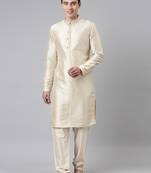 Beige woven art silk kurta-pajama