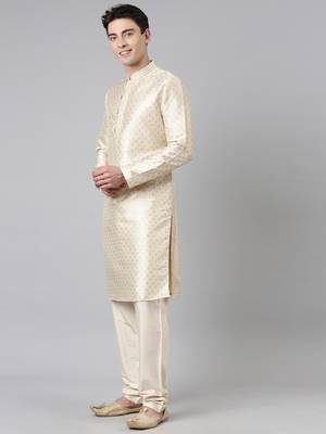 Beige woven art silk kurta-pajama 3