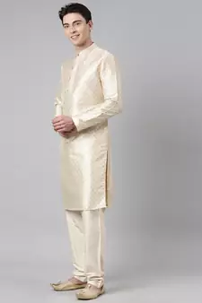 Beige woven art silk kurta-pajama