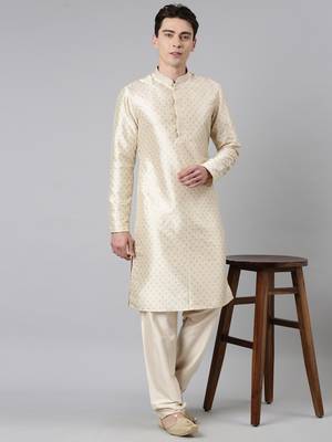 Beige woven art silk kurta-pajama 5