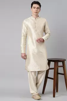 Beige woven art silk kurta-pajama