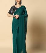 Teal Chiffon Plain Saree With Black Georgette Sequence Blouse