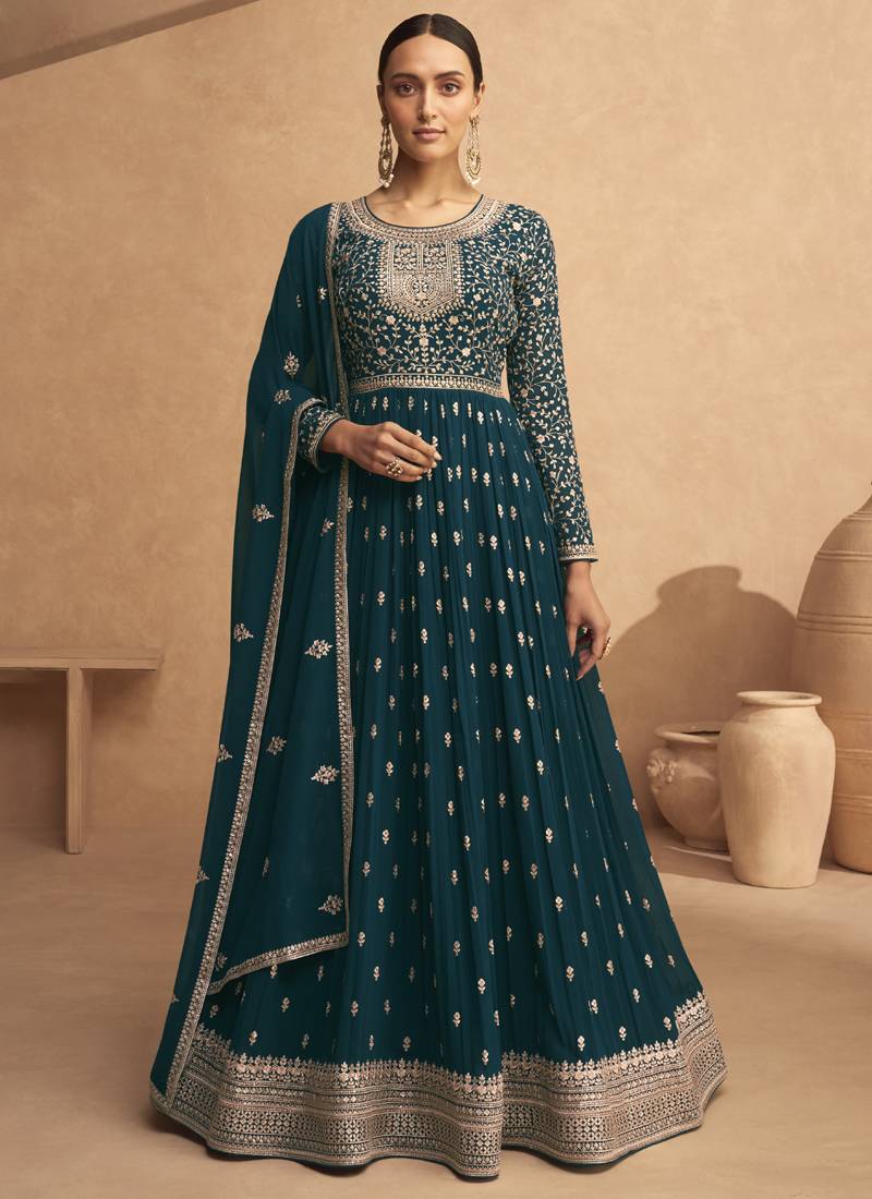 Turquoise Sequence Embroidery Festive Anarkali Suit
