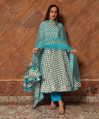 Turquoise Anokhi Block Printed Anarkali Set 1