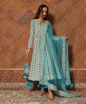 Turquoise Anokhi Block Printed Anarkali Set 2
