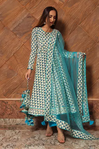 Turquoise Anokhi Block Printed Anarkali Set