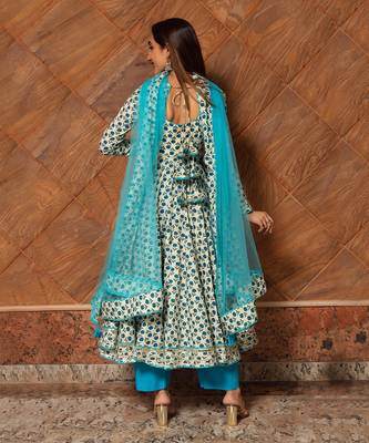 Turquoise Anokhi Block Printed Anarkali Set 3