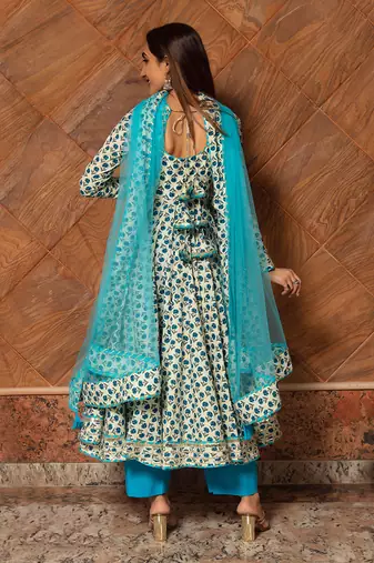 Turquoise Anokhi Block Printed Anarkali Set