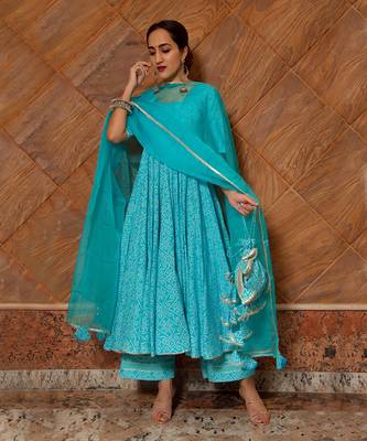 Bandhej Blue Cotton Anarkali Set 1