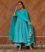 Bandhej Blue Cotton Anarkali Set