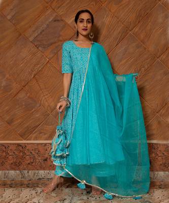 Bandhej Blue Cotton Anarkali Set 2