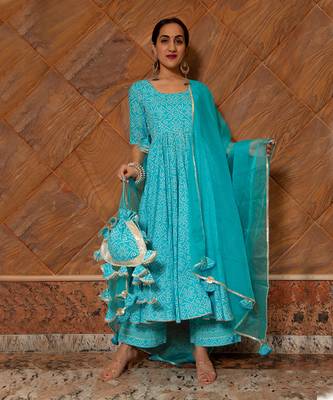 Bandhej Blue Cotton Anarkali Set 3