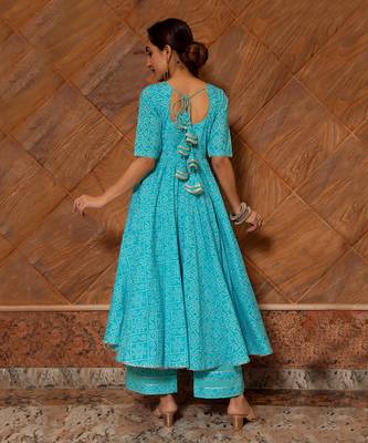 Bandhej Blue Cotton Anarkali Set 4