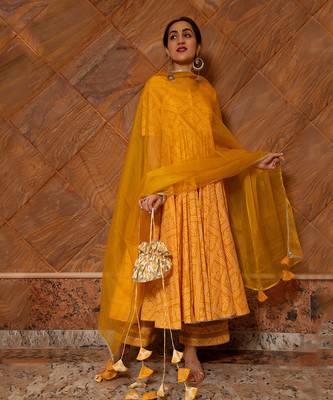 Bandhej Yellow Cotton Anarkali Set 1