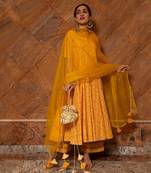 Bandhej Yellow Cotton Anarkali Set